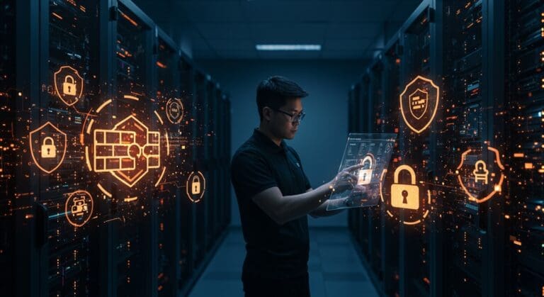 Especialista en seguridad IT asegurando un VPS Moltbot con firewall y endurecimiento SSH en un entorno tecnológico moderno.