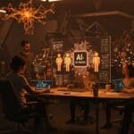 Equipo de startup interactuando con Moonshot AI Kimi K2.5, el modelo LLM open source más potente con agentes paralelos y multimodalidad para autonomía y escalabilidad en IA.