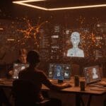 Equipo de founders tech colaborando con el modelo open source de IA Kimi K2.5 en un ambiente futurista que resalta la inteligencia artificial aplicada para startups LATAM.