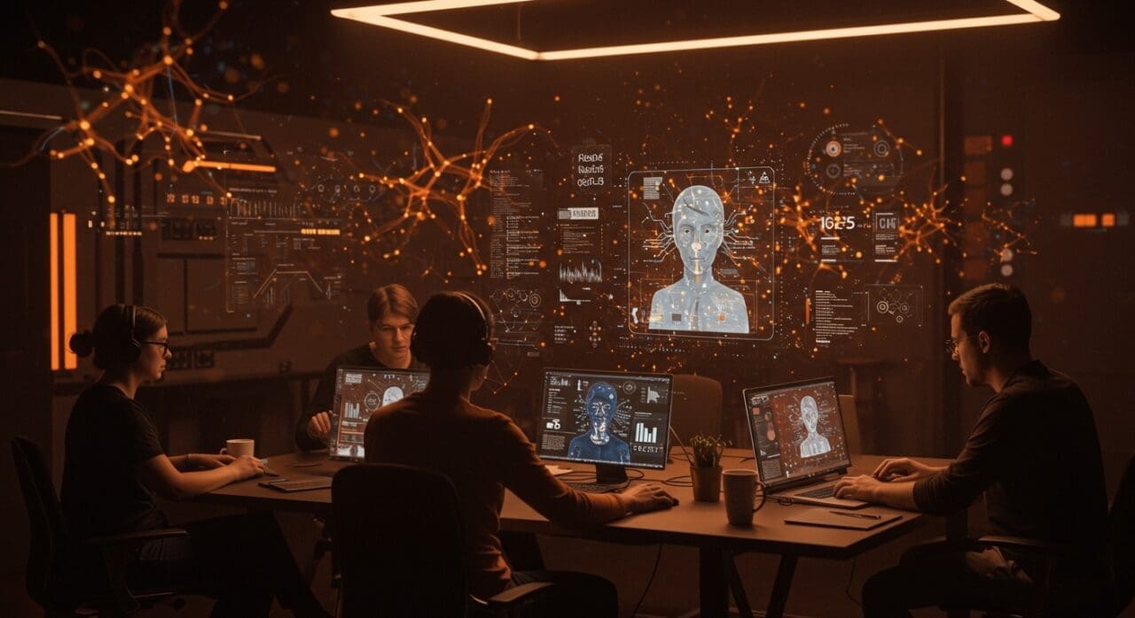 Equipo de founders tech colaborando con el modelo open source de IA Kimi K2.5 en un ambiente futurista que resalta la inteligencia artificial aplicada para startups LATAM.