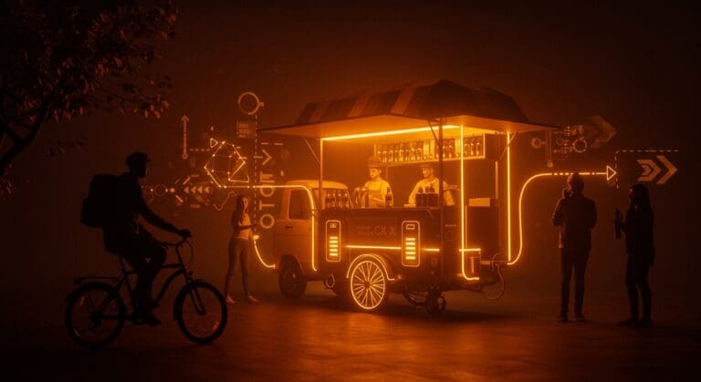 Food cart urbano impulsado por baterías de e-bike, representando movilidad sostenible e innovación tecnológica en startups de LatAm.