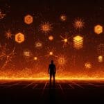 Estrategia de IA open source de Mozilla representada con redes neuronales abstractas y un horizonte digital en tonos naranja y negro.