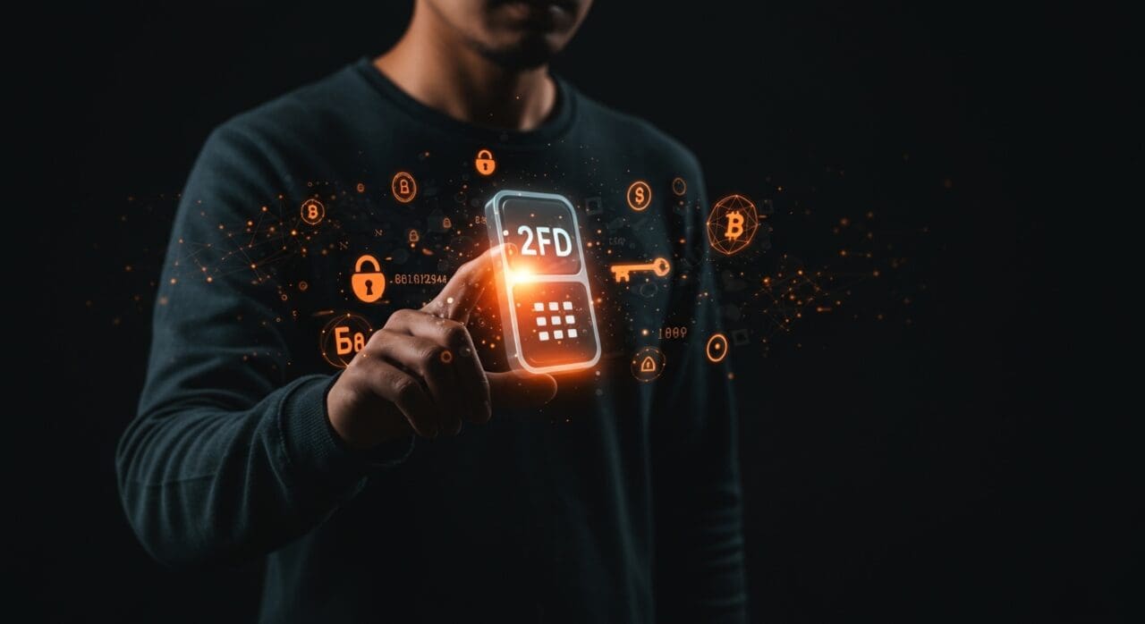 Fundador tech usando mTOTP para autenticación 2FA manual y segura, con símbolos digitales de seguridad y criptografía en fondo oscuro con tonalidades naranja y negro.