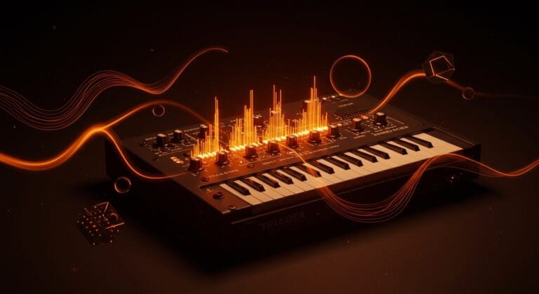 Triadex Muse con ondas electrónicas en naranja y negro, simbolizando la historia e innovación en música generativa y tecnología para startups.