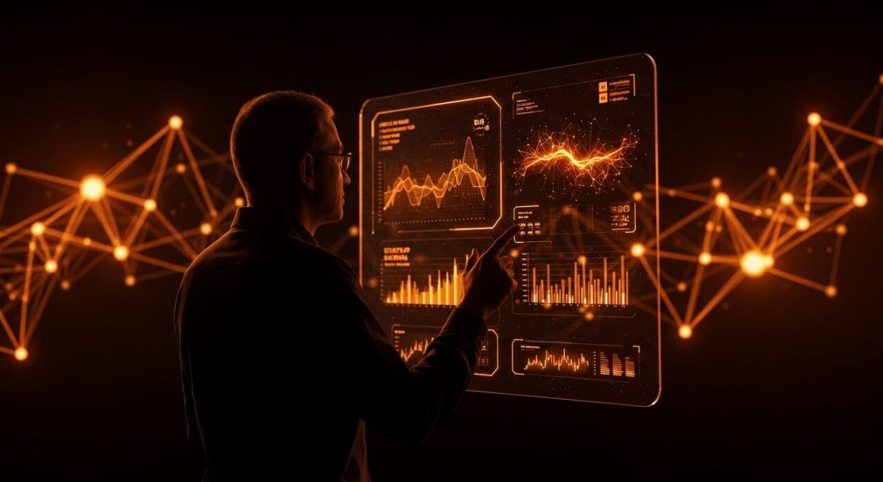 Satya Nadella con interfaz digital futurista representa la inteligencia artificial como aliada clave en startups e innovación tecnológica.