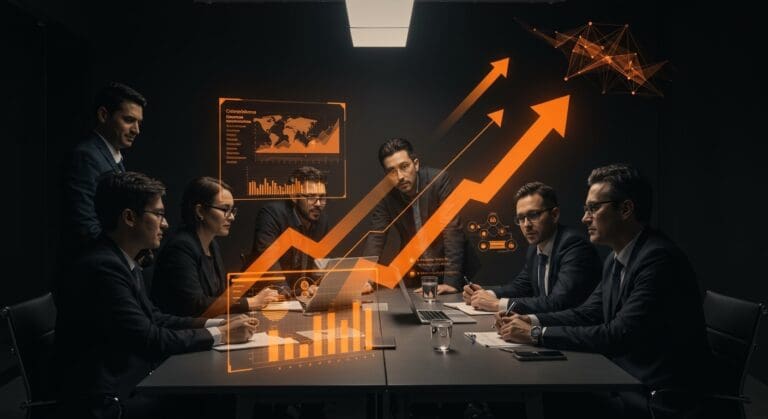 Negociación colectiva multinivel en Chile representada por profesionales colaborando con metáforas visuales de productividad, mercado laboral y políticas públicas en un estilo editorial ecosistema startup.