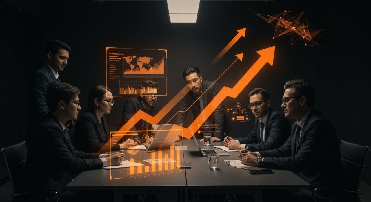 Negociación colectiva multinivel en Chile representada por profesionales colaborando con metáforas visuales de productividad, mercado laboral y políticas públicas en un estilo editorial ecosistema startup.