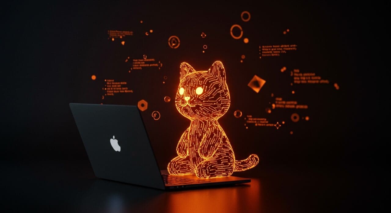 Mascota de software Neko hecha de líneas de código naranja en un entorno tecnológico open source, simbolizando su impacto en la comunidad y legado.