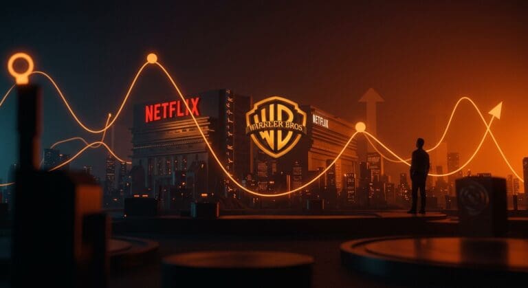 Adquisición de Netflix y Warner Bros representada con un fundador observando un horizonte tecnológico, simbolizando las tendencias e impacto en startups de entretenimiento.