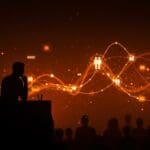 Debate ético del contrato NHS-Palantir sobre IA y datos de salud representado con visuales de redes de datos y gobernanza tecnológica en tonos naranja y negro.