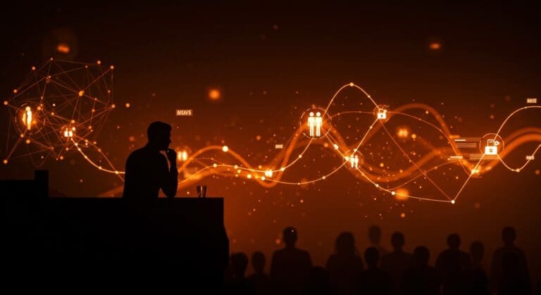 Debate ético del contrato NHS-Palantir sobre IA y datos de salud representado con visuales de redes de datos y gobernanza tecnológica en tonos naranja y negro.