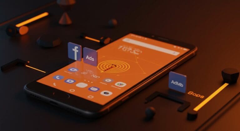 Nova Launcher integrando rastreadores de Facebook Ads y Google AdMob, ilustración sobre privacidad y publicidad móvil en apps Android.