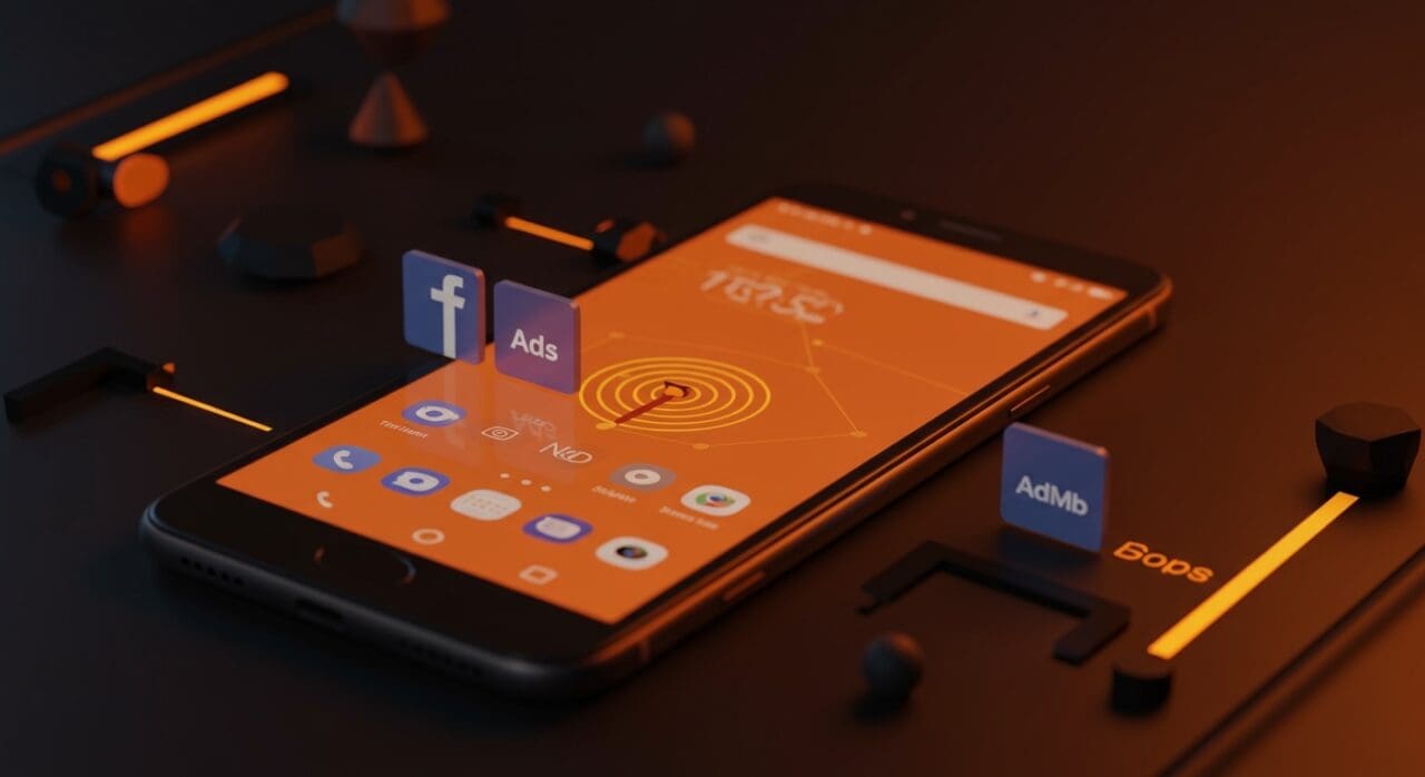 Nova Launcher integrando rastreadores de Facebook Ads y Google AdMob, ilustración sobre privacidad y publicidad móvil en apps Android.