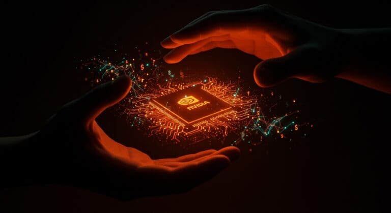 Chip AI H200 de Nvidia iluminado en tonos naranja y negro, simbolizando pago anticipado y desafíos regulatorios en el mercado chino de tecnología AI.