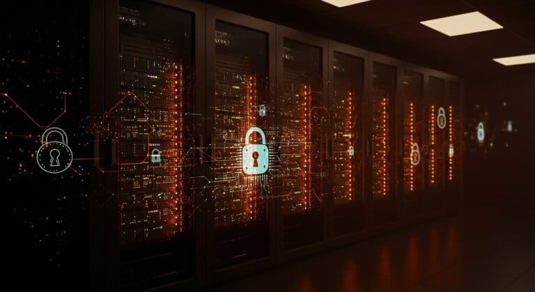 Centro de datos futurista con cifrado rack-scale y computación confidencial Nvidia Rubin para seguridad en IA empresarial.