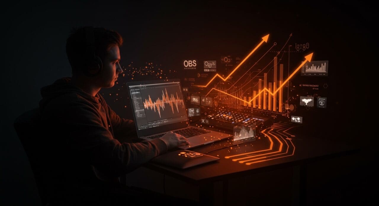 Escena de streaming profesional con OBS Studio beta 32.1.0 destacando audio y WebRTC para startups audiovisuales.