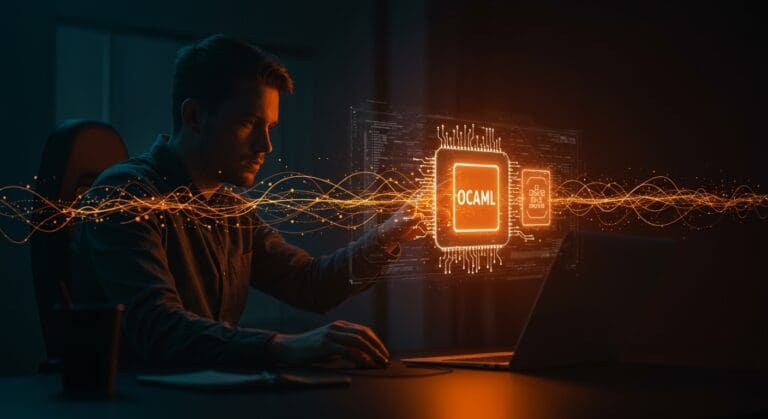 Founder tech trabajando con visualización holográfica de programación multicore en OCaml para innovación en startups.