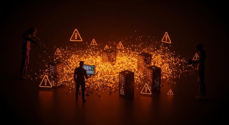 Visualización de riesgos de seguridad en IA con servidores expuestos de Ollama AI en tonos naranja y negro representando vulnerabilidades y automatización segura.