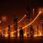 Fundador tecnológico frente a una ciudad digital iluminada con paleta naranja y negra, simbolizando la expansión de OpenAI en el mercado enterprise y las tendencias de IA en startups para 2026.