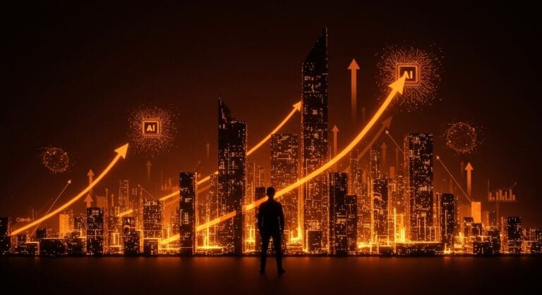 Fundador tecnológico frente a una ciudad digital iluminada con paleta naranja y negra, simbolizando la expansión de OpenAI en el mercado enterprise y las tendencias de IA en startups para 2026.