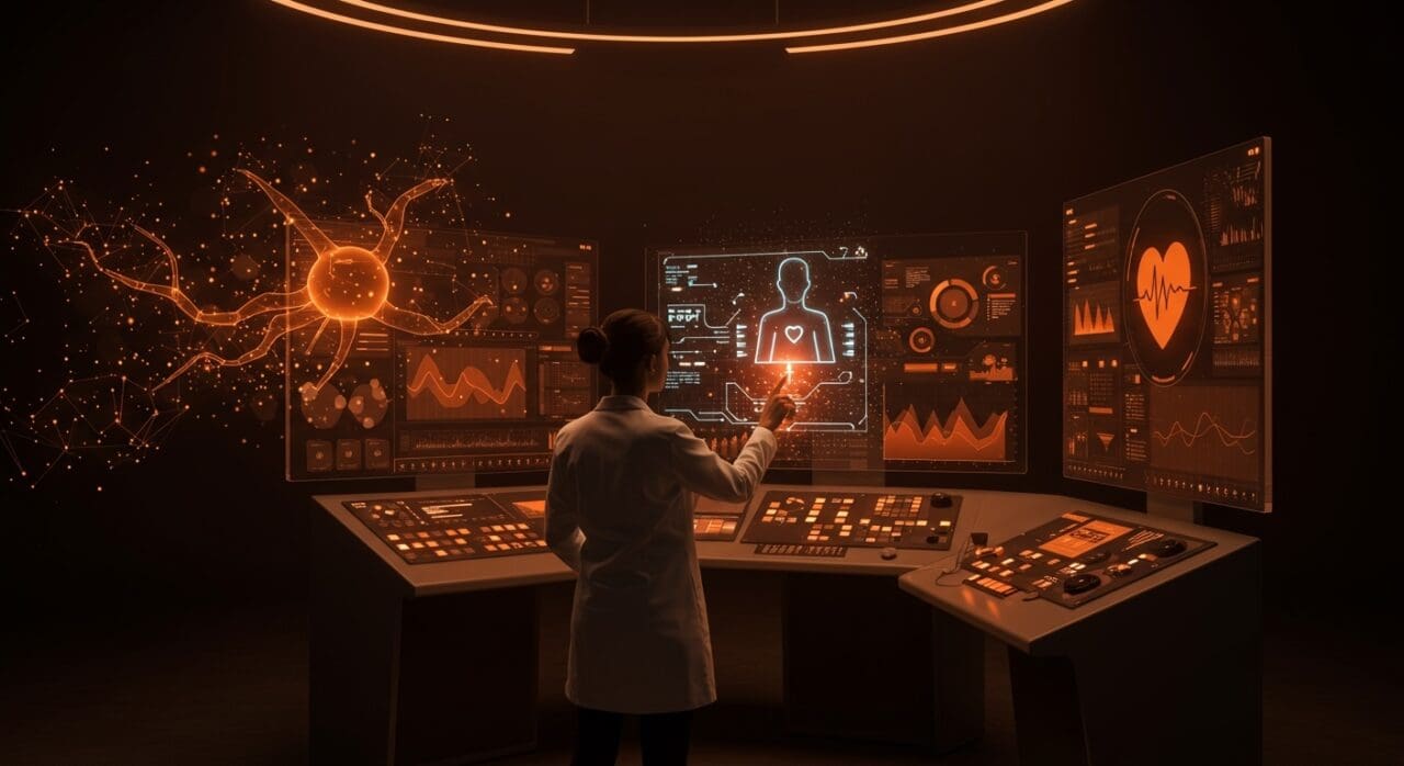 Interfaz futurista de ChatGPT Health de OpenAI mostrando salud digital e inteligencia artificial aplicada en tecnología para startups.