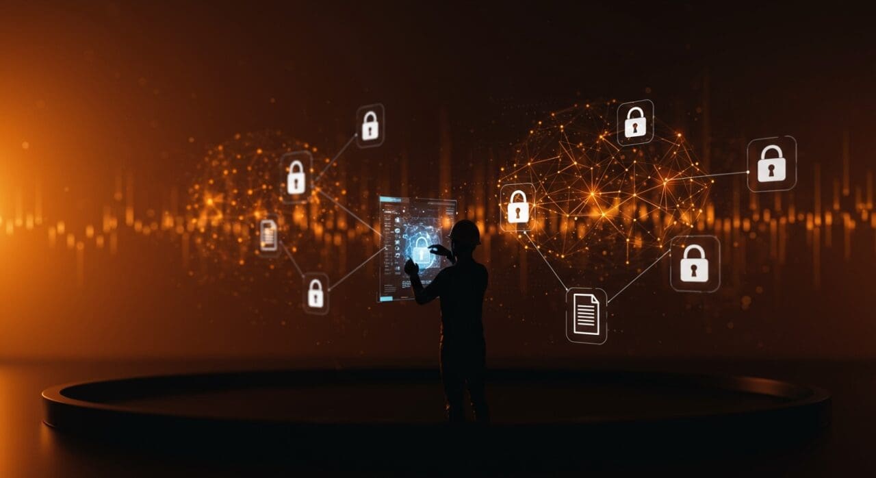 Contratista interactuando con interfaz digital sobre riesgos legales y propiedad intelectual en IA, destacando debates éticos en tecnología startup.