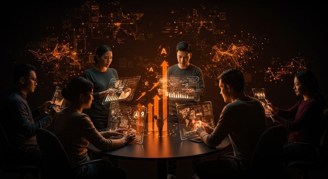 Fundadores técnicos colaborando en interfaces holográficas, simbolizando convocatoria global de talento en inteligencia artificial y ecosistema startup.