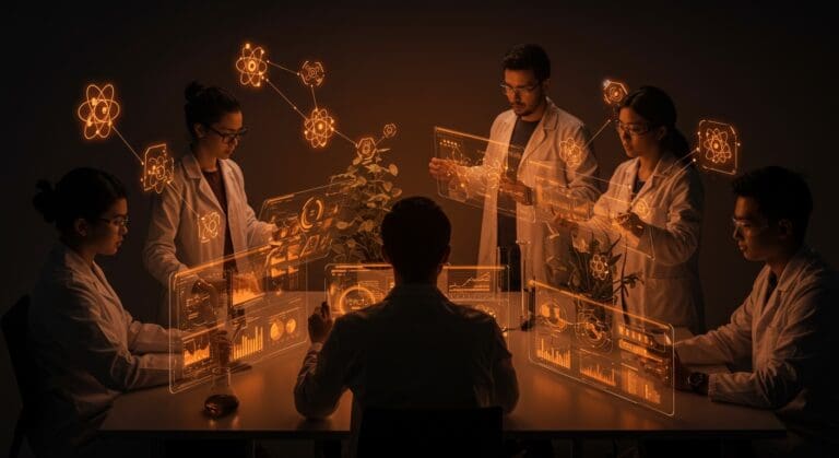 Científicos y emprendedores colaborando en investigación científica potenciada por inteligencia artificial con visuales futuristas en colores naranja y negro.