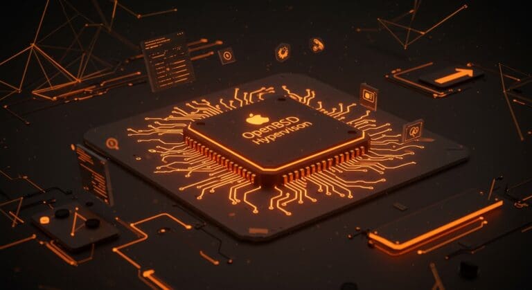 OpenBSD funcionando en Apple Hypervisor sobre Apple Silicon, destacando virtualización y tecnología libre en un entorno innovador.