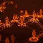 Red social de asistentes de IA conectados visualizando la innovación tecnológica y la revolución en startups tech.