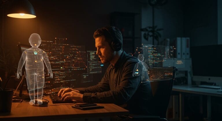 Ingeniero fundador trabajando en infraestructura tecnológica para coding agents en startup YC con ambiente innovador en San Francisco.