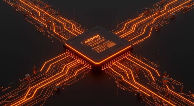 Optimización de GEMM con ARM SME ilustrada con un procesador futurista y flujos de datos para acelerar IA y deep learning en startups.