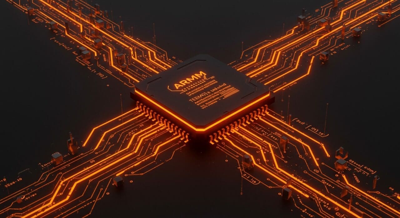 Optimización de GEMM con ARM SME ilustrada con un procesador futurista y flujos de datos para acelerar IA y deep learning en startups.