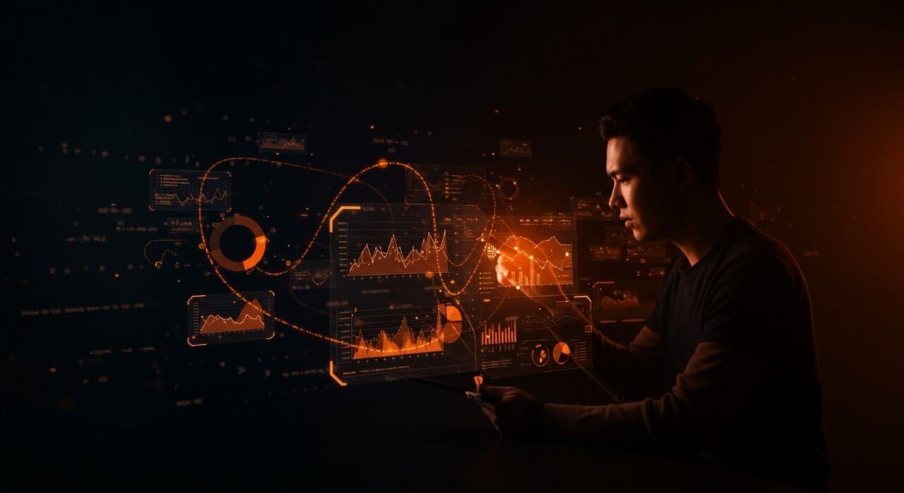 Fundador de startup analizando métricas y algoritmos para optimización y modelos de negocio en tecnología y machine learning.