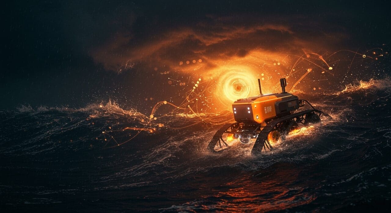 Robot oceánico autónomo capturando datos en huracán categoría 5, innovación tecnológica para startups tech en clima extremo.
