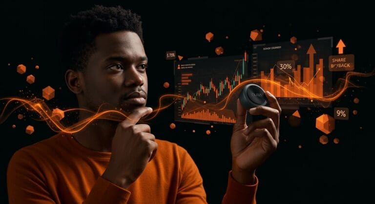 Founder de startup tech con dispositivo wearable Oura y gráficos de recompra de acciones en un entorno digital moderno.