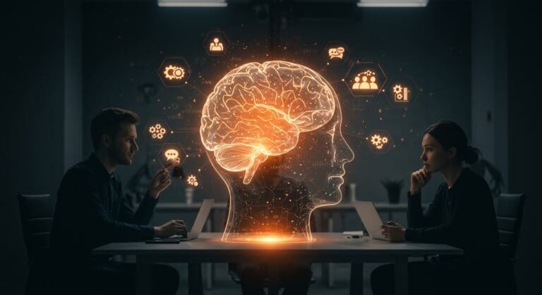 Equipo de startup utilizando inteligencia artificial interactuando con un holograma digital que simboliza habilidades cognitivas y ética en tecnología.