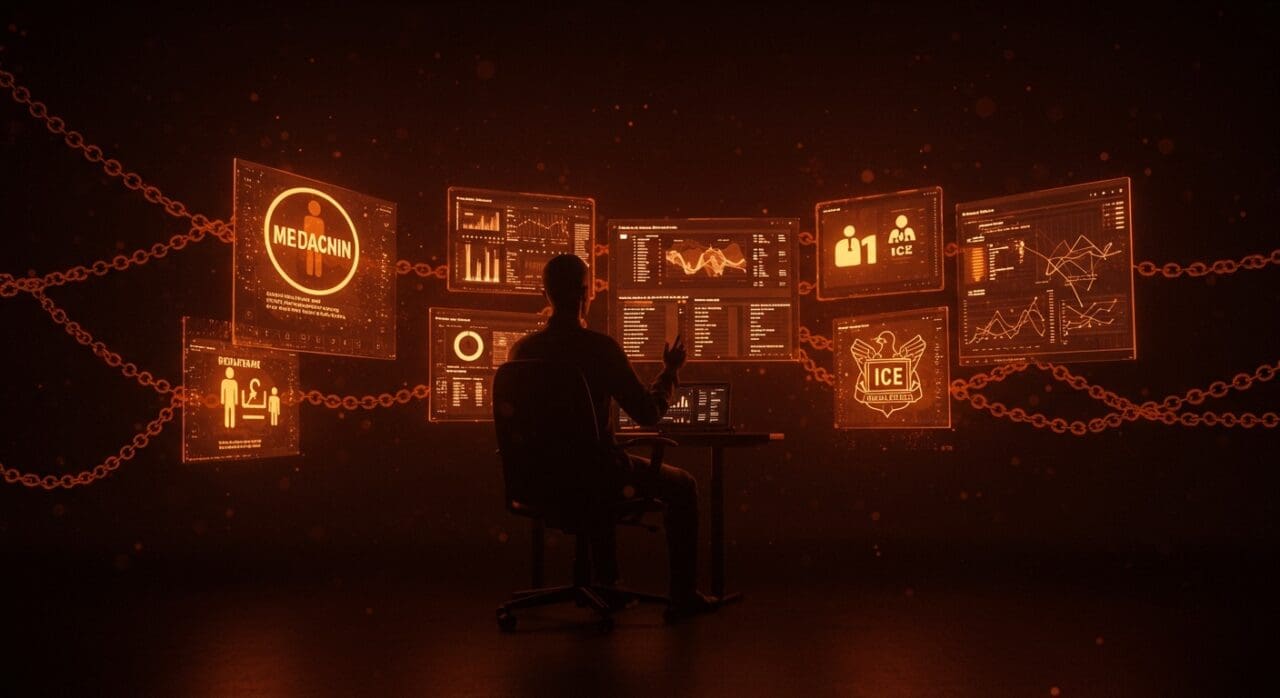 Uso de Palantir por ICE para análisis de datos de Medicaid, ilustrando la vigilancia y las preocupaciones sobre privacidad en tecnología gubernamental.