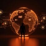 Análisis visual de Palantir en servicios públicos del Reino Unido destacando riesgos de privacidad y soberanía de datos en tecnología global.