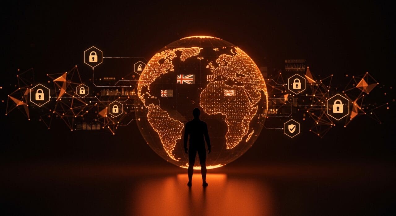 Análisis visual de Palantir en servicios públicos del Reino Unido destacando riesgos de privacidad y soberanía de datos en tecnología global.