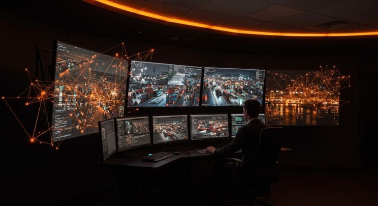 Inteligencia artificial aplicada a la seguridad portuaria en un centro de control futurista con visión computacional y tecnología innovadora de startup cántabra.