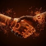 Adquisición de Cymbio por PayPal representada por un apretón de manos robóticas con metáforas de IA y fintech en comercio electrónico.