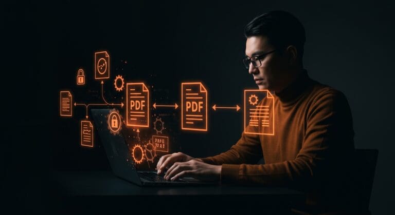 Fundador utilizando herramientas PDF locales y seguras para automatización y gestión privada de documentos en startups.