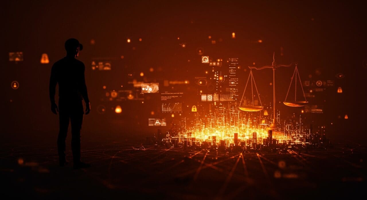 Representación visual de ciberseguridad y derechos humanos en tecnología, destacando vigilancia digital y ética en startups.