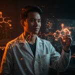 Fundador de startup biotech analizando estructuras holográficas de péptidos, representando mercado gris, biohacking y regulación FDA en LATAM.
