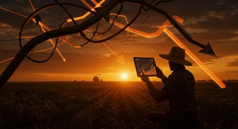 Agricultor usando tecnología digital frente a cultivos en pérdida, reflejando los altos costos de producción y las tendencias agrícolas en EE.UU.