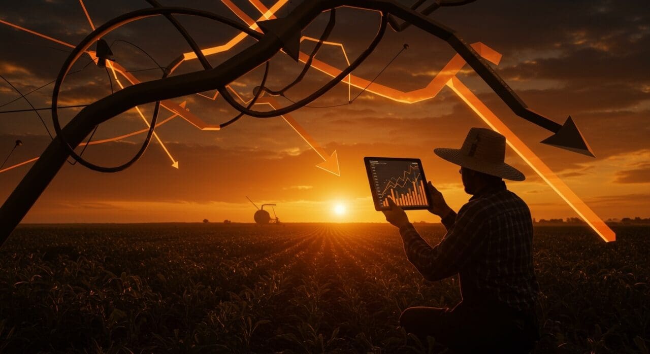 Agricultor usando tecnología digital frente a cultivos en pérdida, reflejando los altos costos de producción y las tendencias agrícolas en EE.UU.