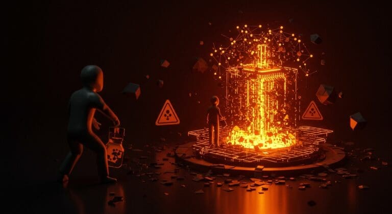 Insider manipulando un modelo de inteligencia artificial con datos envenenados representados como una fuente tóxica, ilustrando riesgos en el entrenamiento de IA para startups.