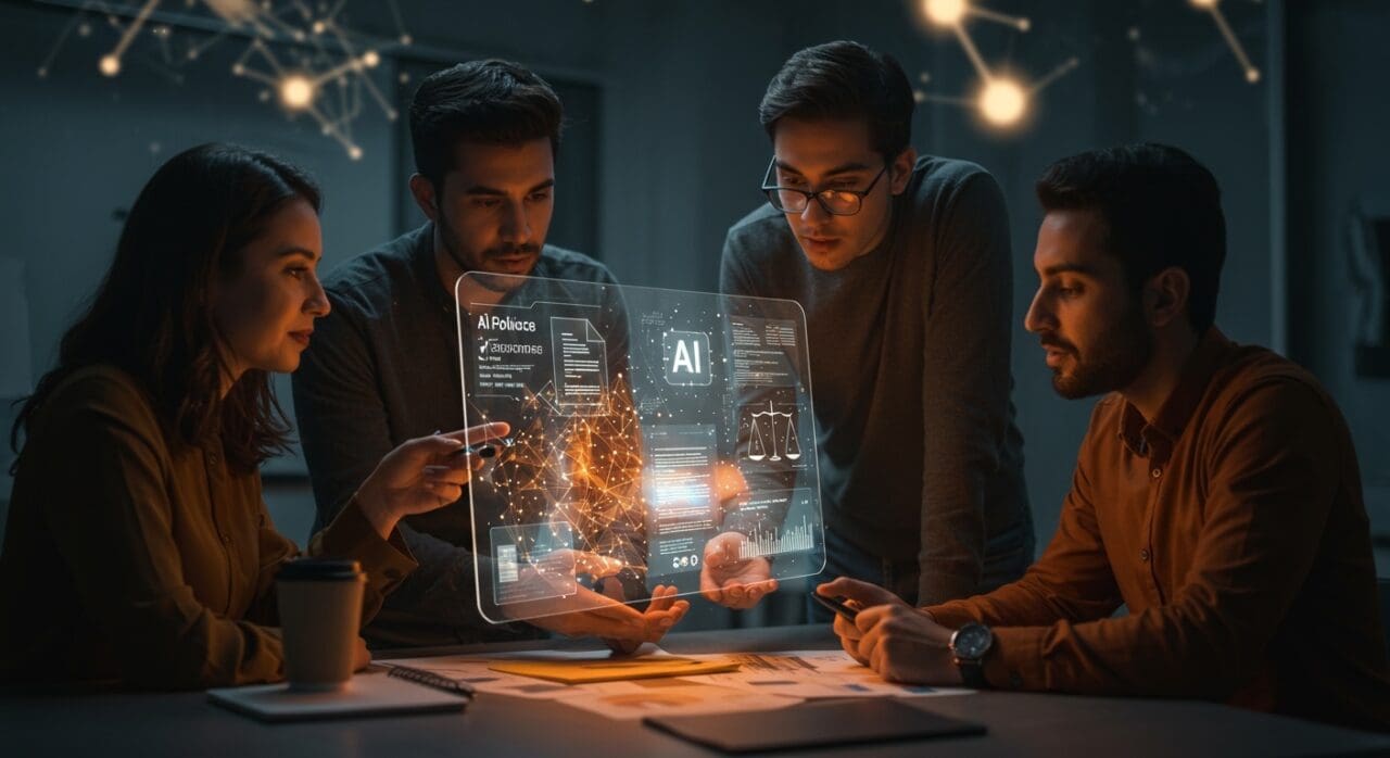 Fundadores hispanos de startups tech analizando políticas y ética de inteligencia artificial en un entorno tecnológico moderno.