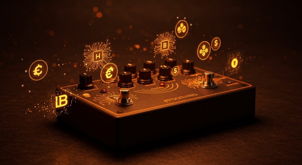 Pedal Polyend Endless en primer plano con iluminación naranja y negra, representando hardware musical innovador con IA y tokenización para comunidad tecnológica.